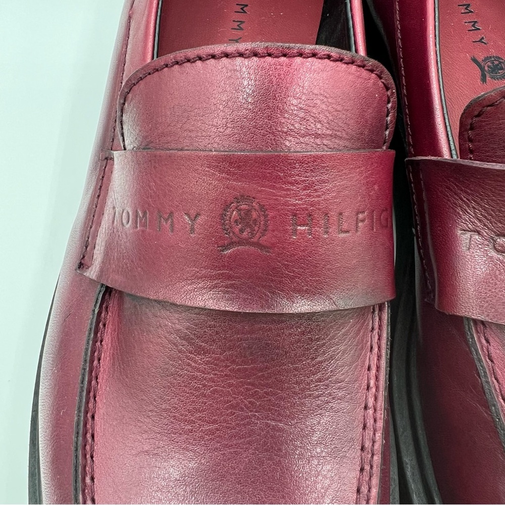 Tommy Hilfiger Unisex Burgundy Lab Leather Slip-On Lug Sole Casual Loafers SZ 10 - Picture 7 of 16